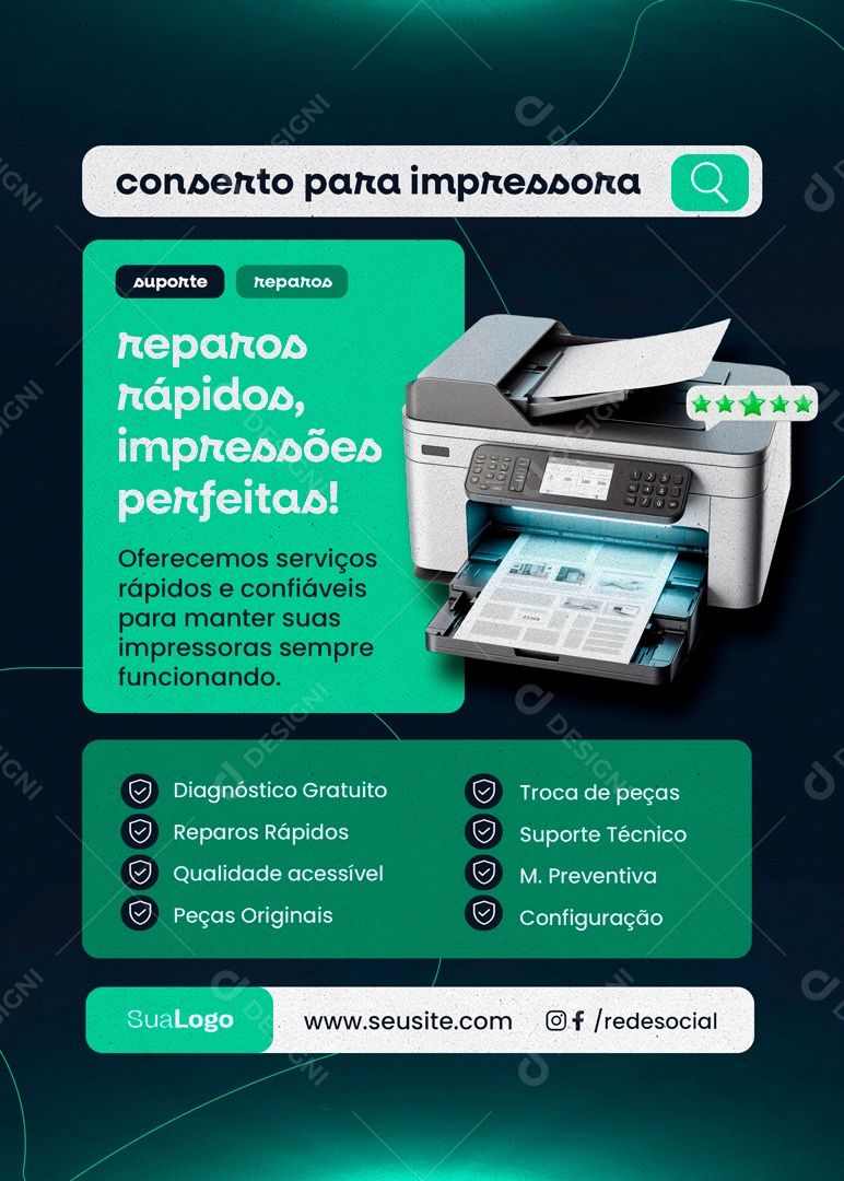 Conserto para Impressora Reparos Rápidos Impressóes Perfeitas Social Media PSD Editável