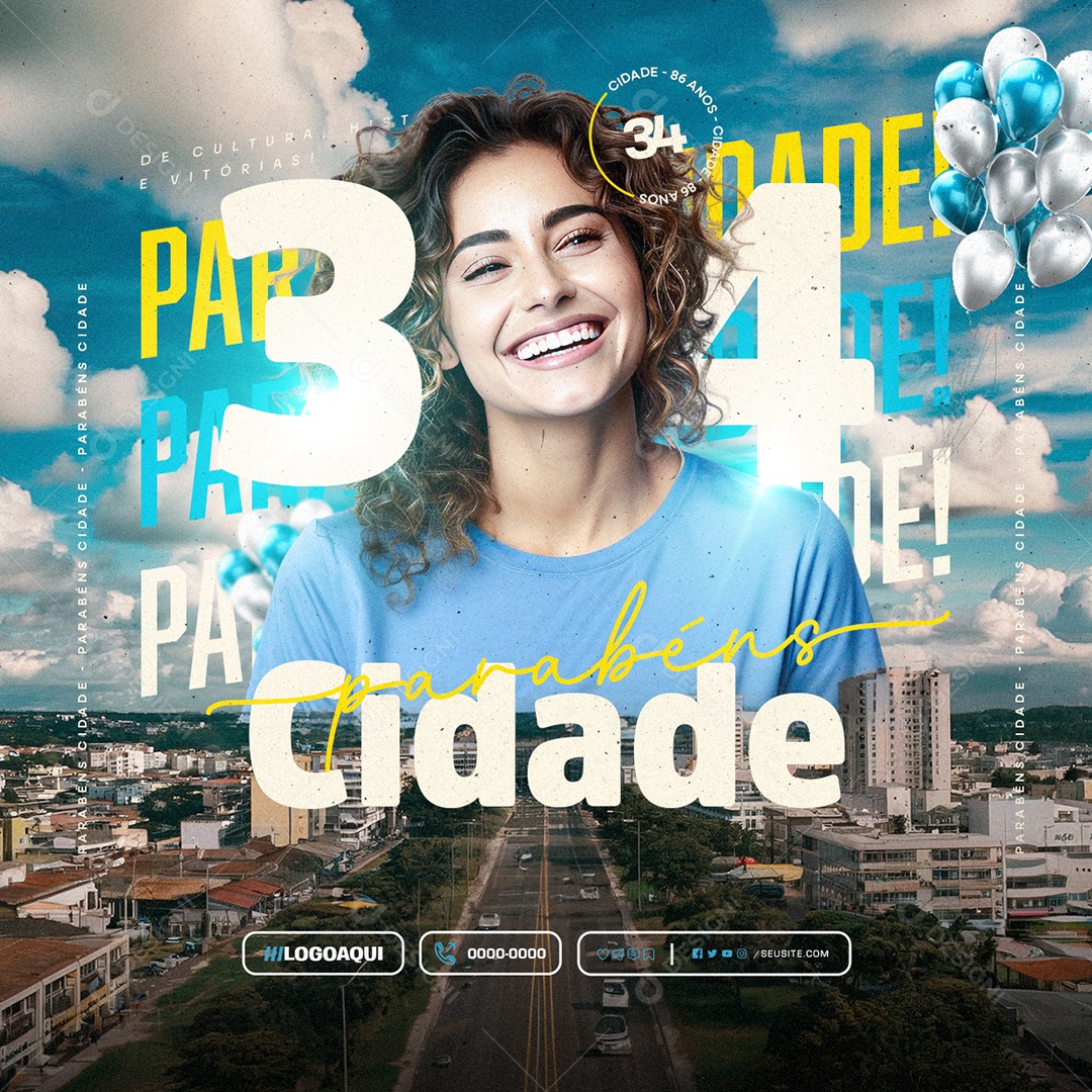 Parabéns Cidade pelos seus 34 Anos Social Media PSD Editável