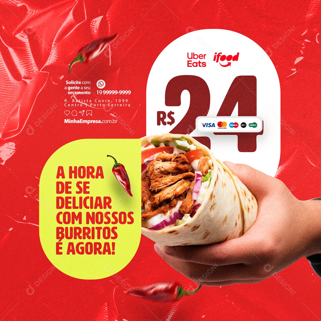 A Hora de se Deliciar com nossos Burritos Social Media PSD Editável