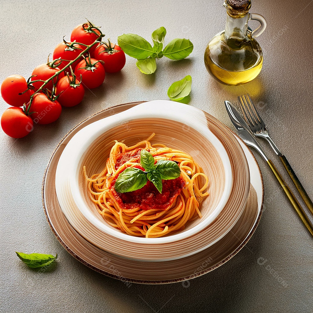 Prato de macarrão com molho de tomate por cima e folhas de manjericão e azeite de oliva