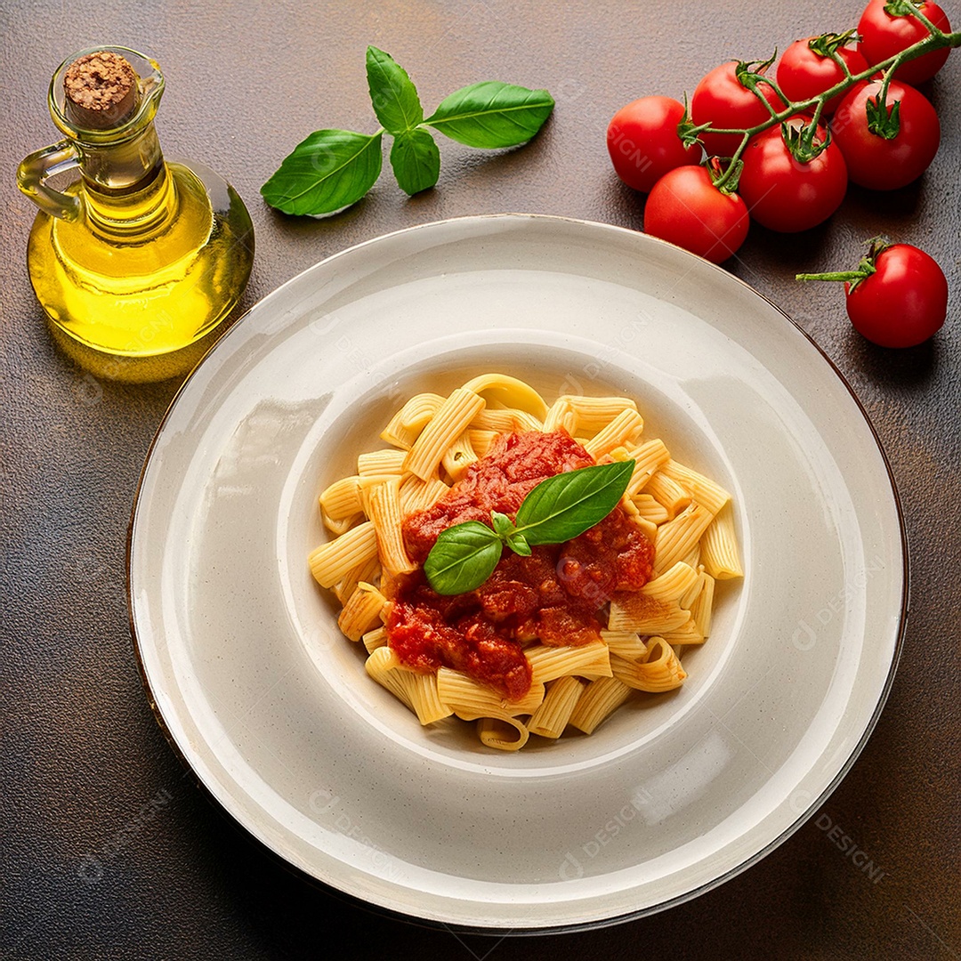 Pasta dish with tomato sauce above and basil leaves and olive oil