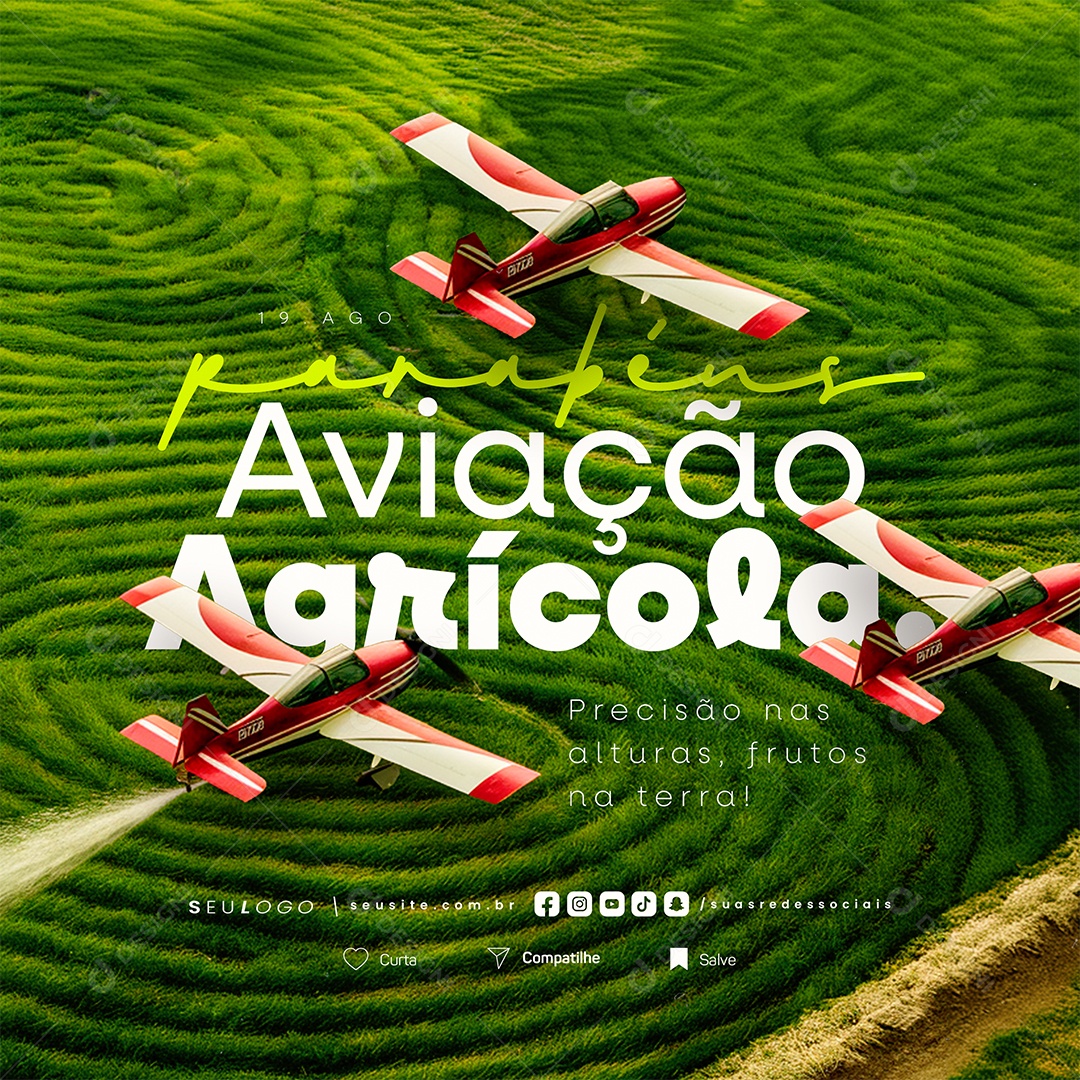 Dia da Aviação Agrícola 19 de Agosto Parabéns Social Media PSD Editável