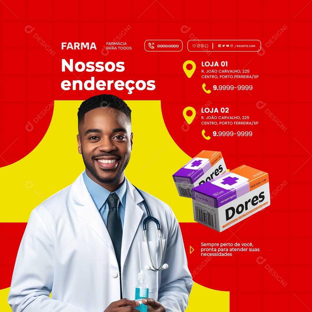 Farmácia Nossos Endereços Social Media PSD Editável