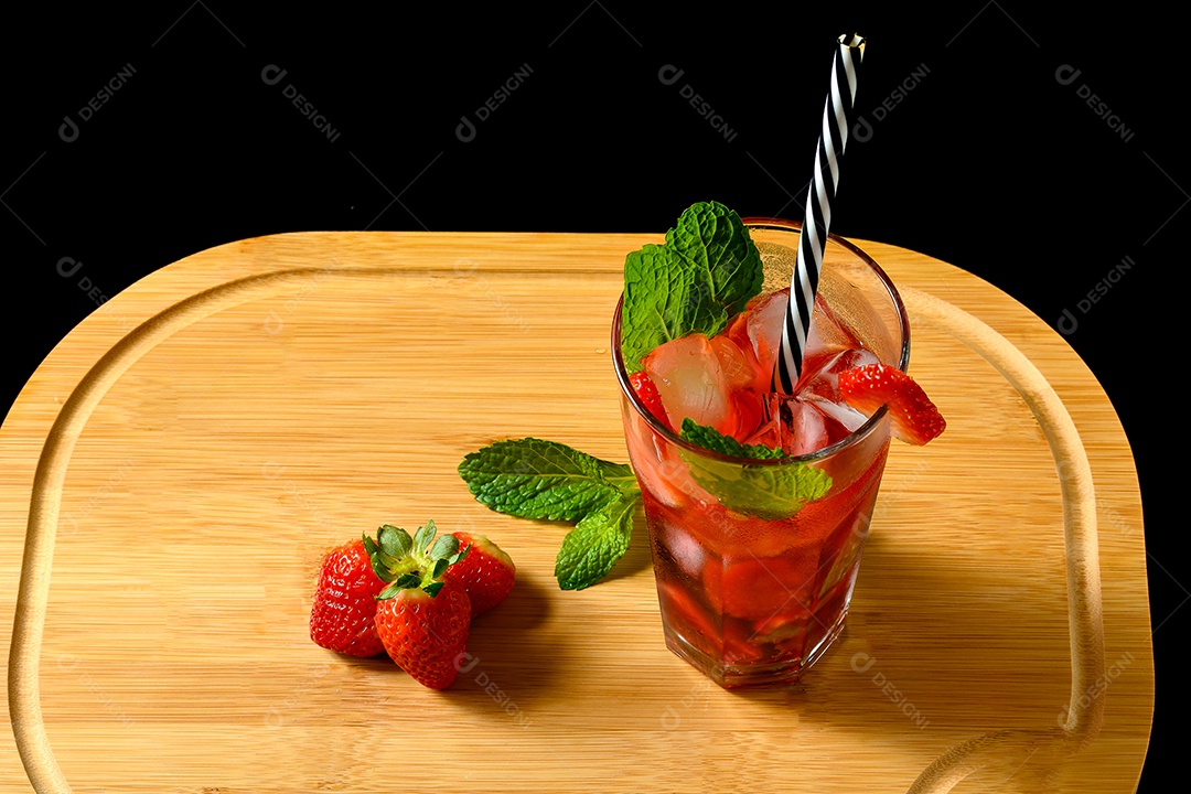 Strawberry drink on a wooden board