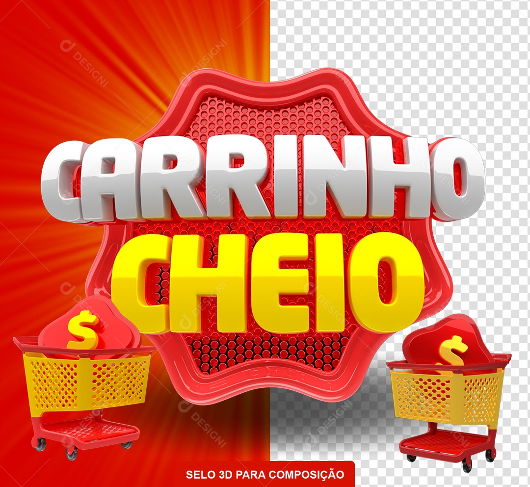 Selo 3D Carrinho Cheio Vermelho e Amarelo para Composição PSD