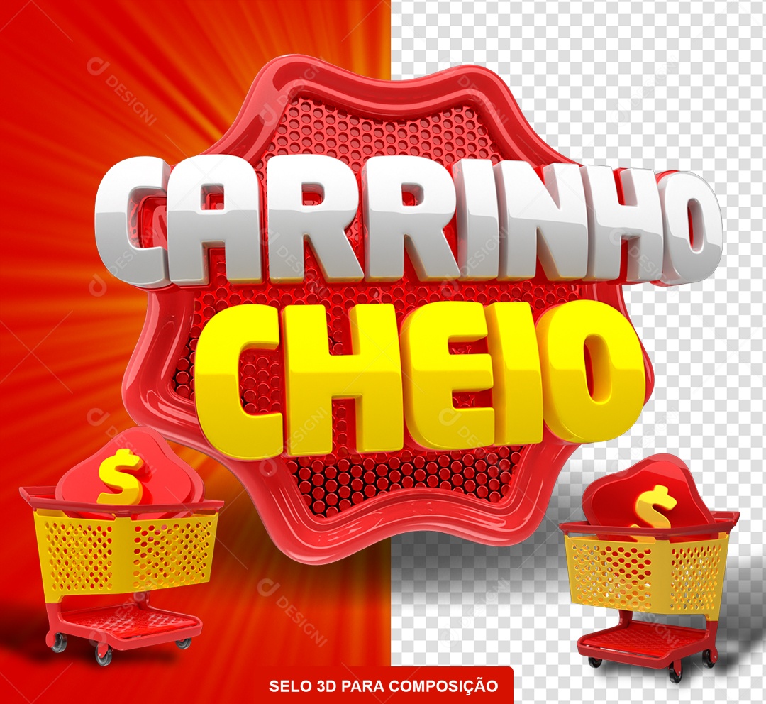 Carrinho Cheio Selo 3D Vermelho e Amarelo para Composição PSD