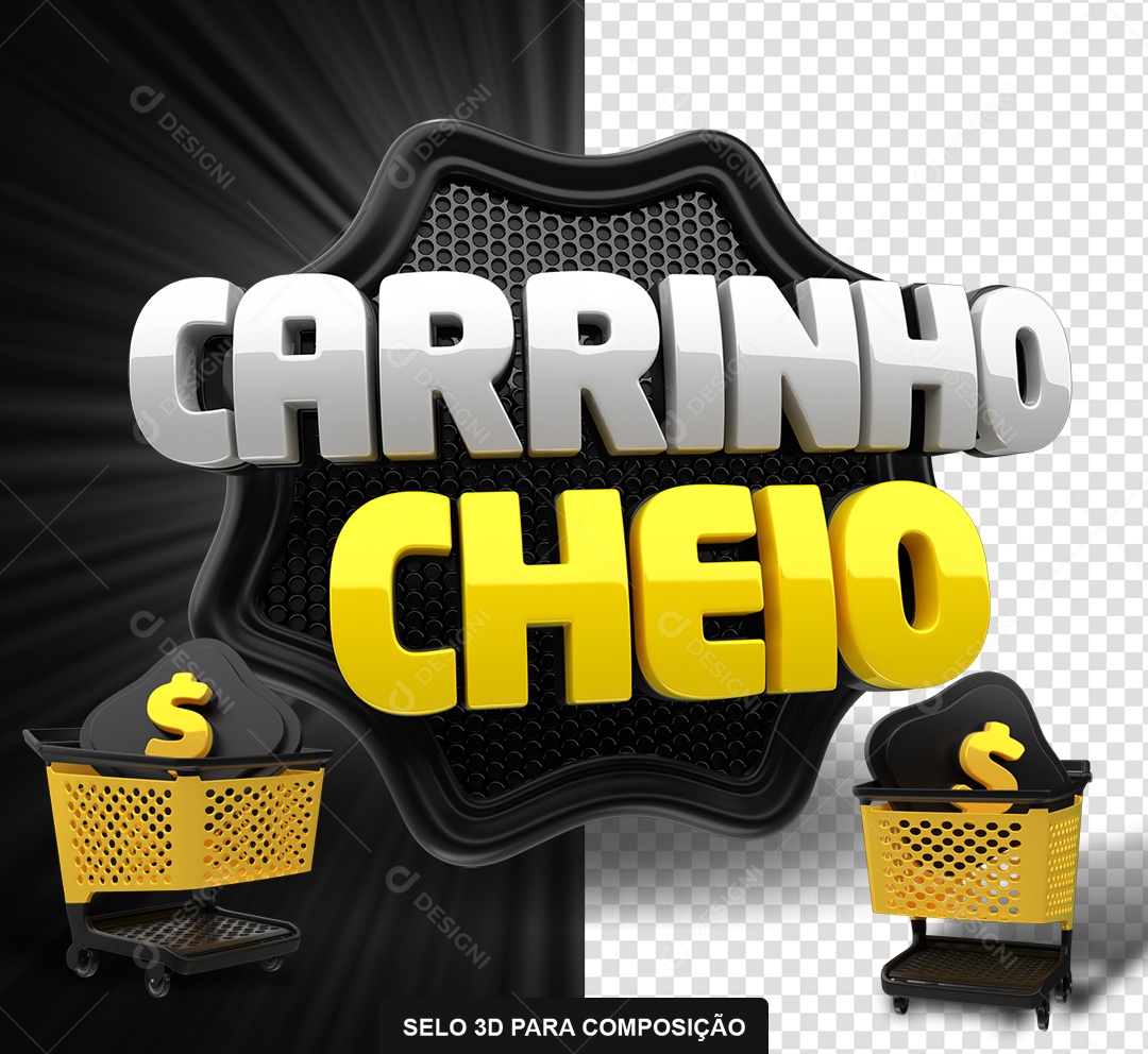 Carrinho Cheio Selo 3D Preto e Amarelo para Composição PSD