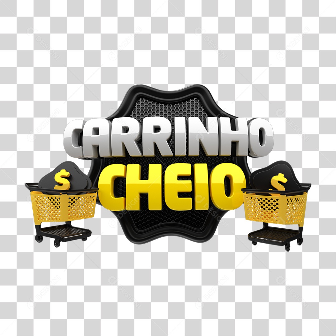 Carrinho Cheio Selo 3D Preto e Amarelo para Composição PNG Transparente