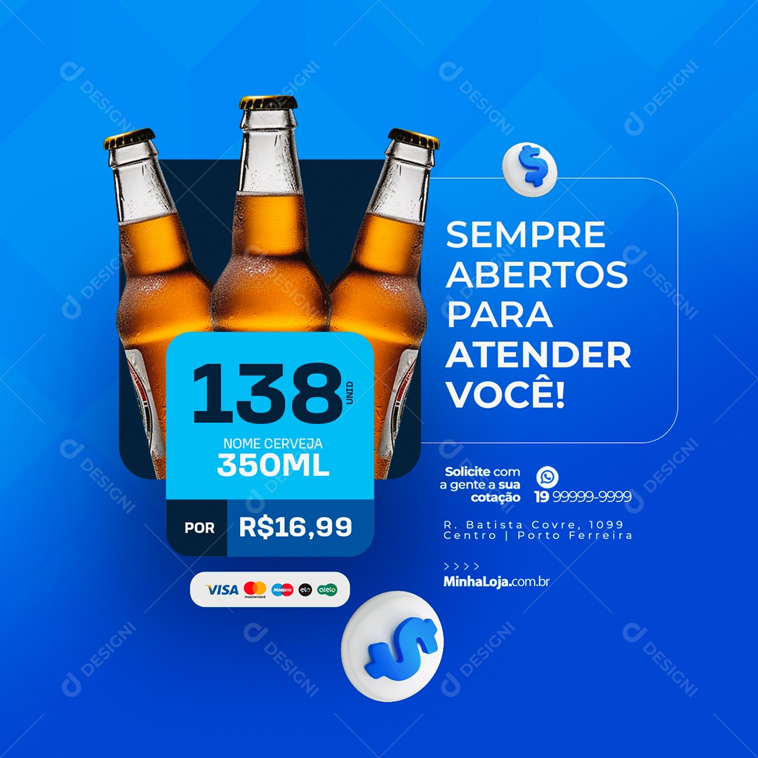 Distribuidora de Bebidas Sempre Abertos para Atender Você Social Media PSD Editável