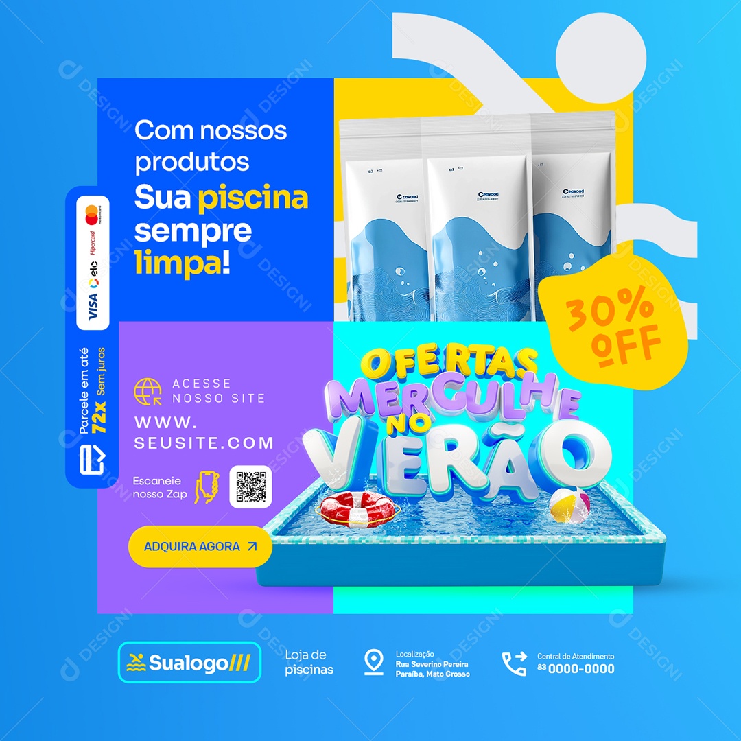 Ofertas Mergulhe no Verão Loja de Piscinas 30% Off Social Media PSD Editável