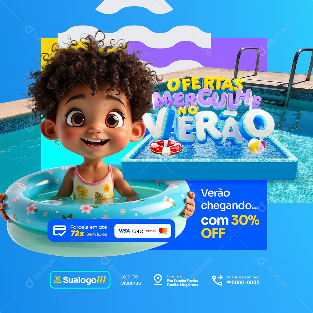 Ofertas Mergulhe no Verão Loja de Piscinas Com 30% Off Social Media PSD Editável