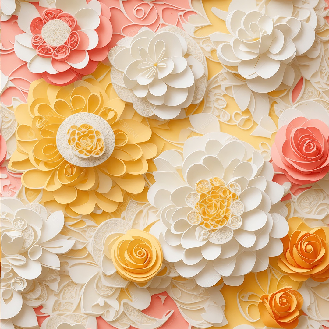 Pink coral and yellow roses in perfect pattern art style paper