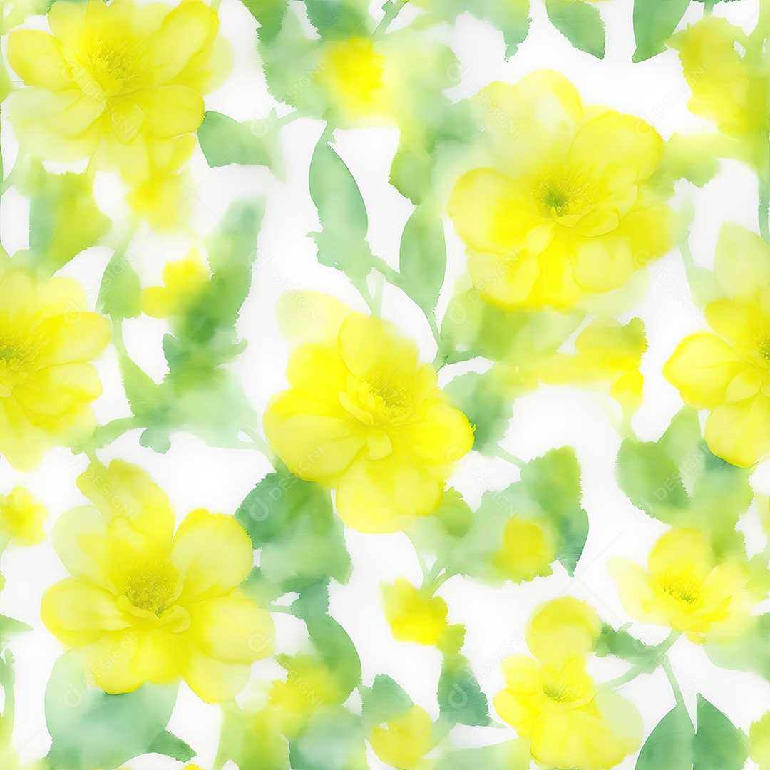 Yellow flowers with green leaves patterns seamless in watercolor