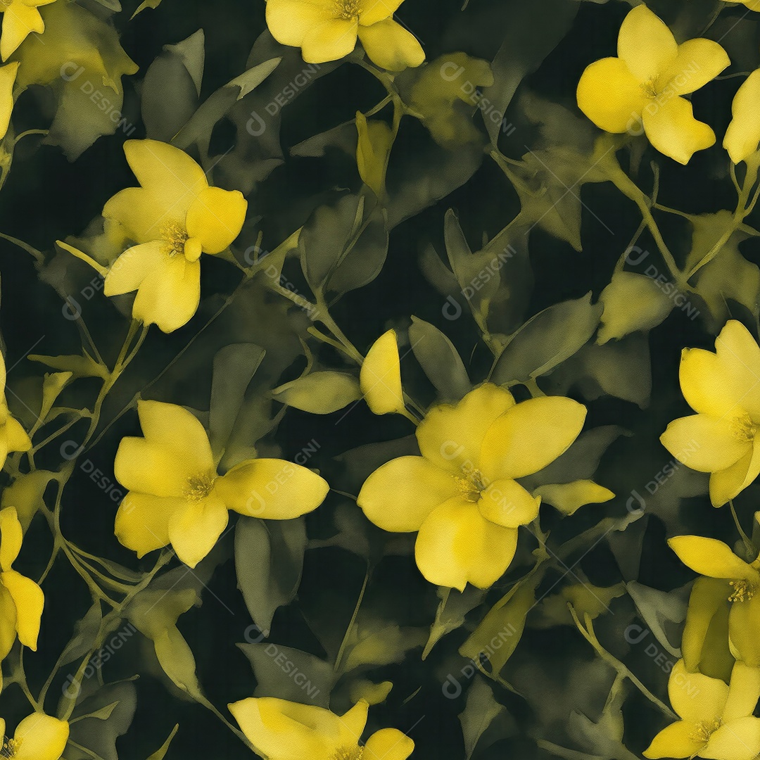 Yellow flowers with green leaves patterns seamless in watercolor