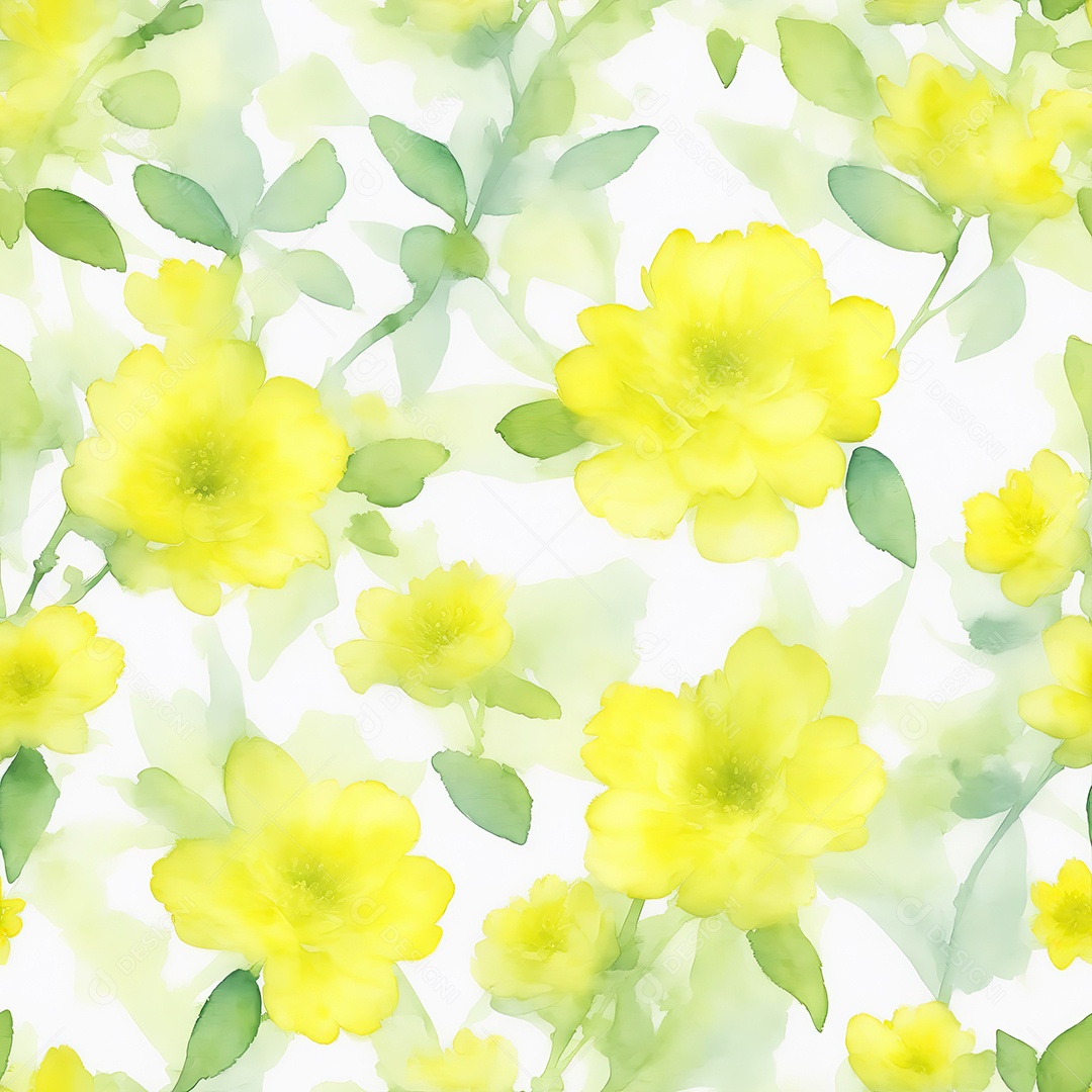 Yellow flowers with green leaves patterns seamless in watercolor