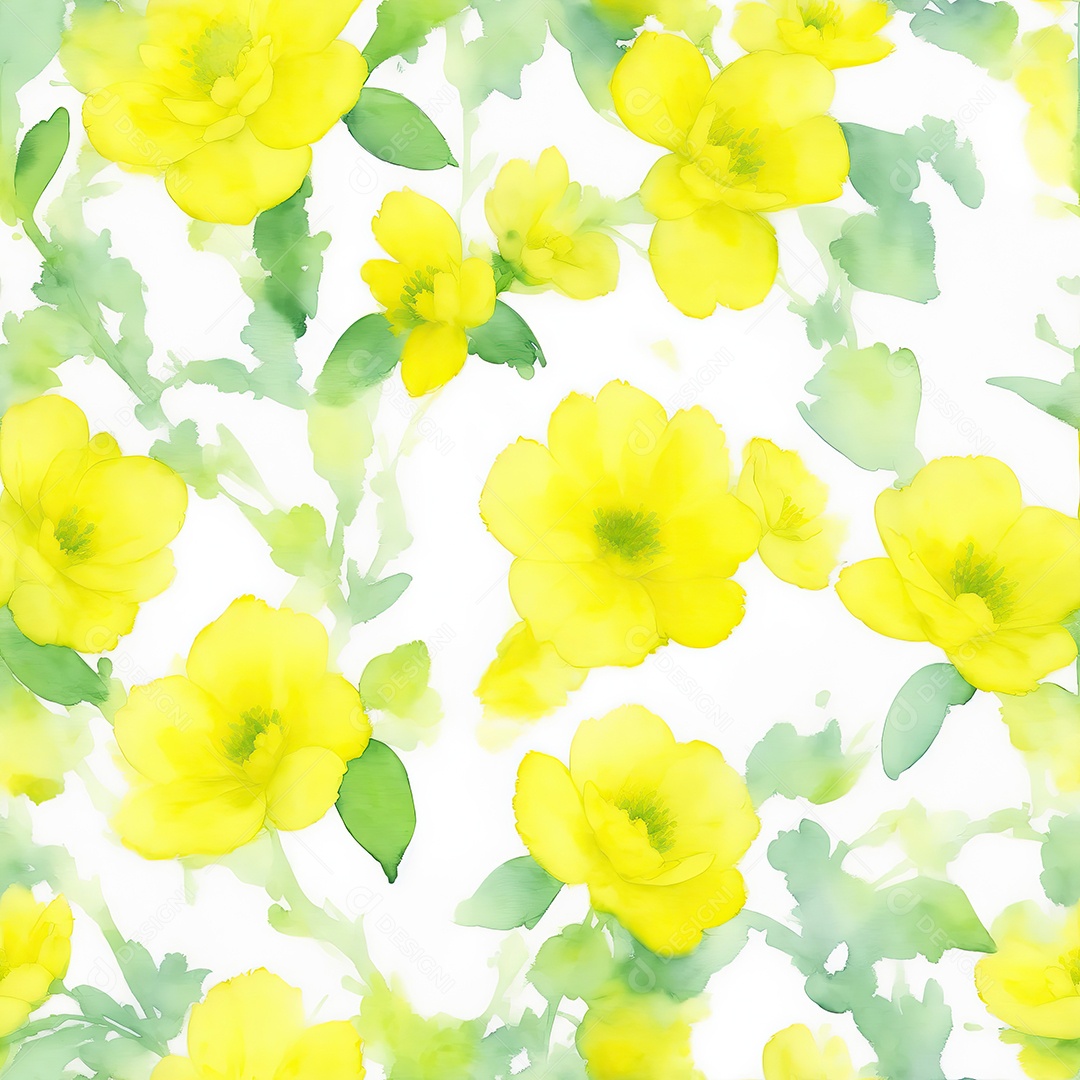 Yellow flowers with green leaves patterns seamless in watercolor