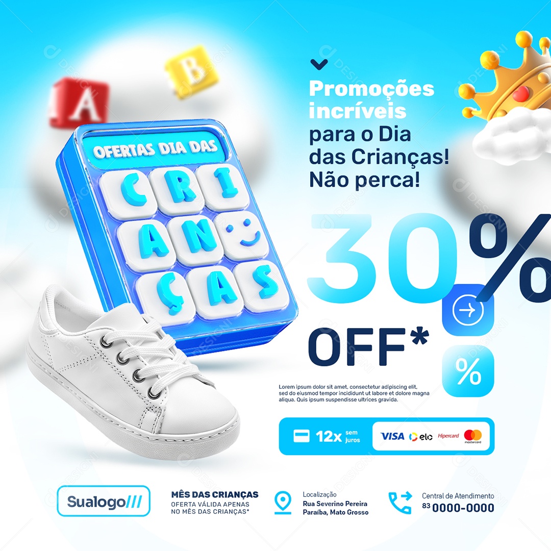 Ofertas Dia das Crianças Loja de Calçados Não Perca 30% Off Social Media PSD Editável