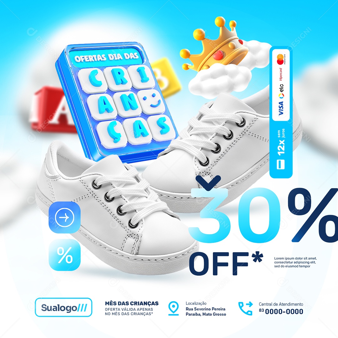 Ofertas Dia das Crianças Loja de Calçados 30% Off Social Media PSD Editável