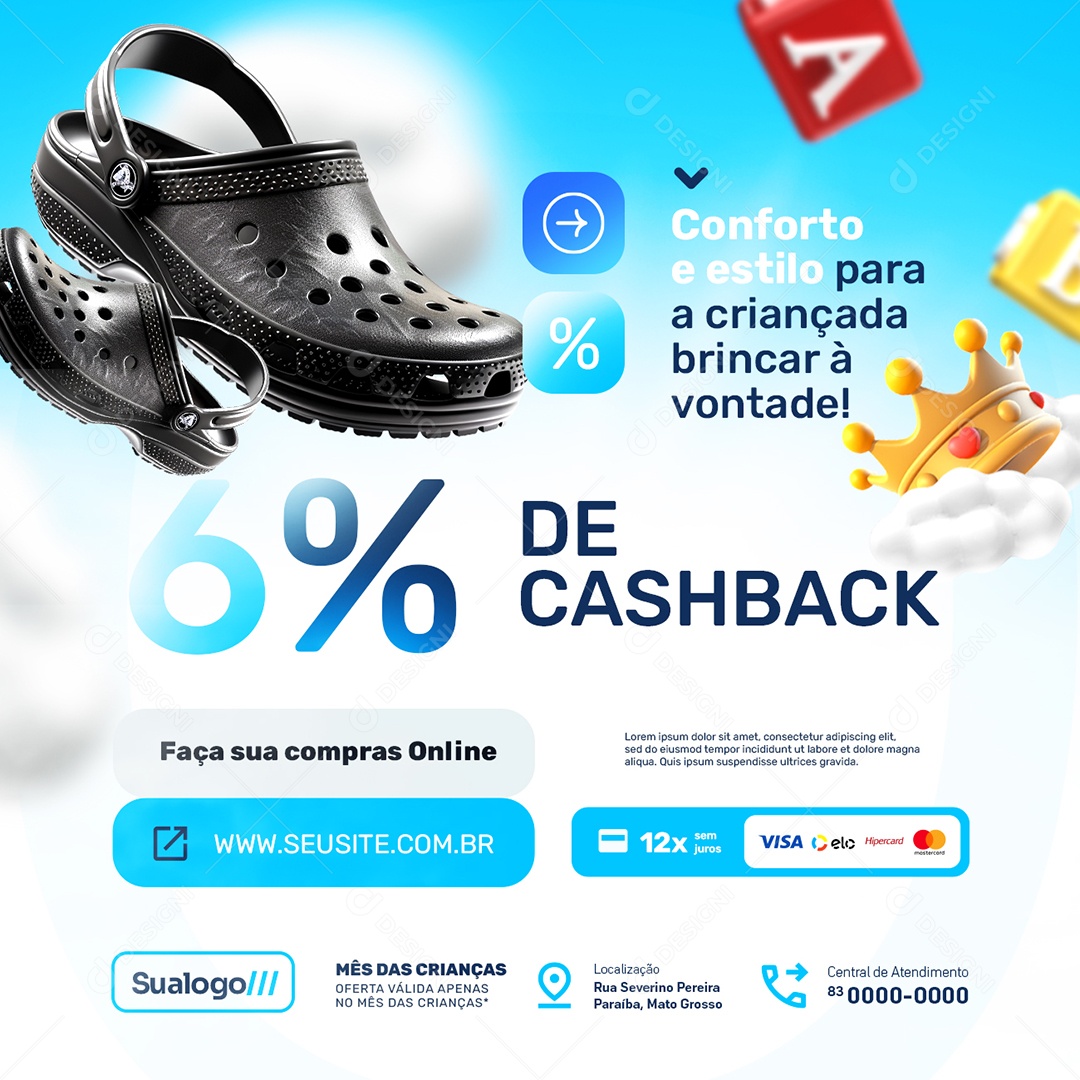 Ofertas Dia das Crianças Loja de Calçados 6% de Cashback Social Media PSD Editável