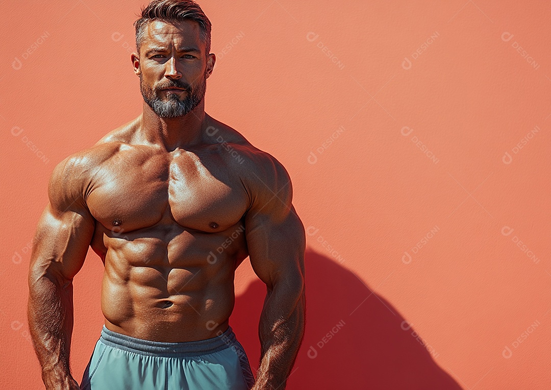 Body man in solid color background. concept of gym or health