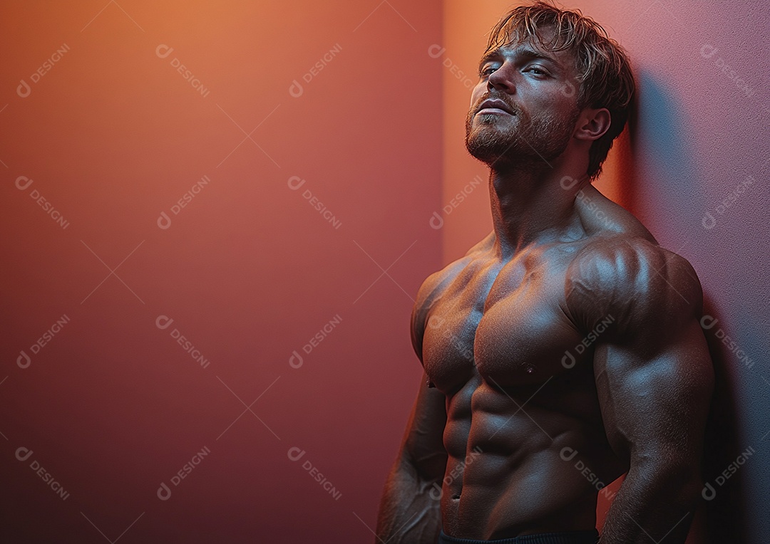 Body man in solid color background. concept of gym or health