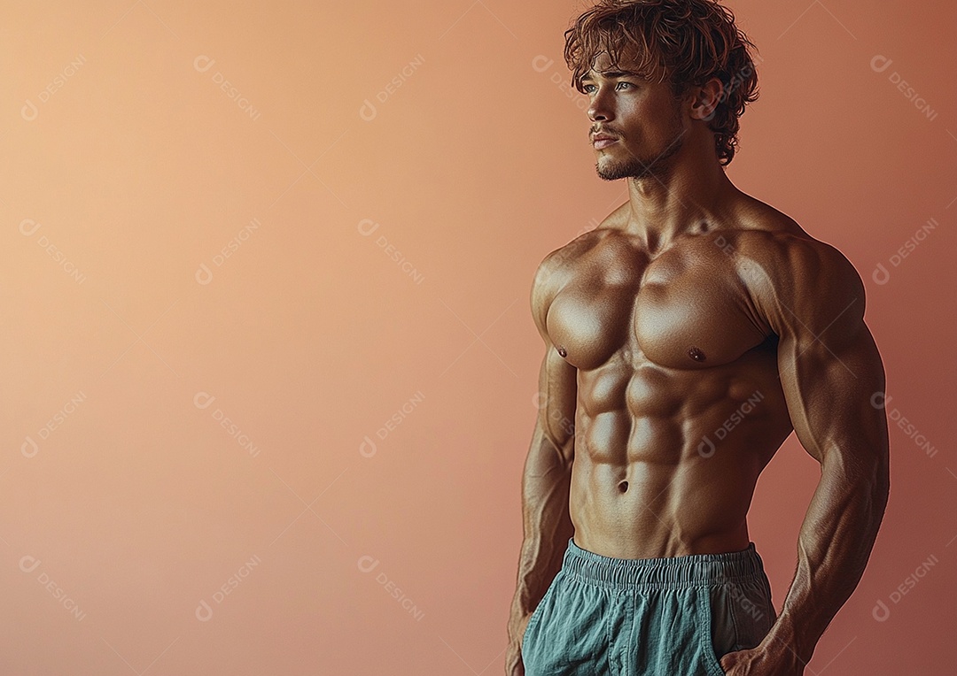 Body man in solid color background. concept of gym or health