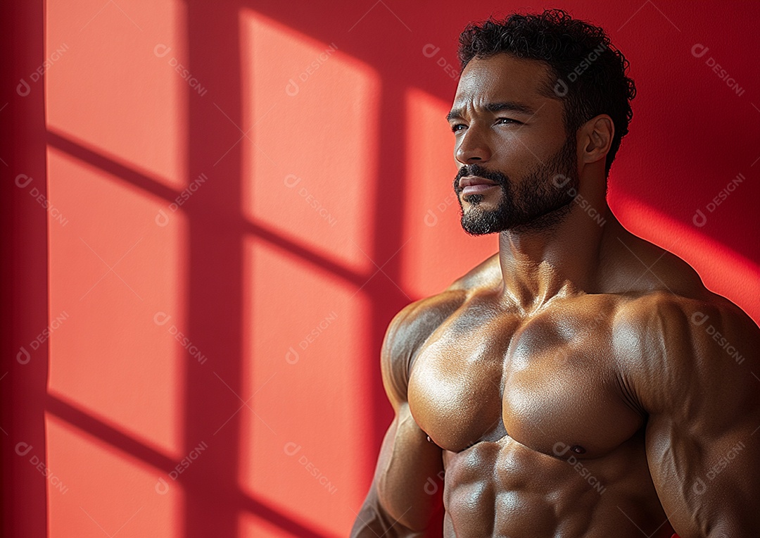 Body man in solid color background. concept of gym or health