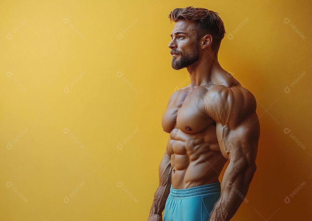 Body man in solid color background. concept of gym or health