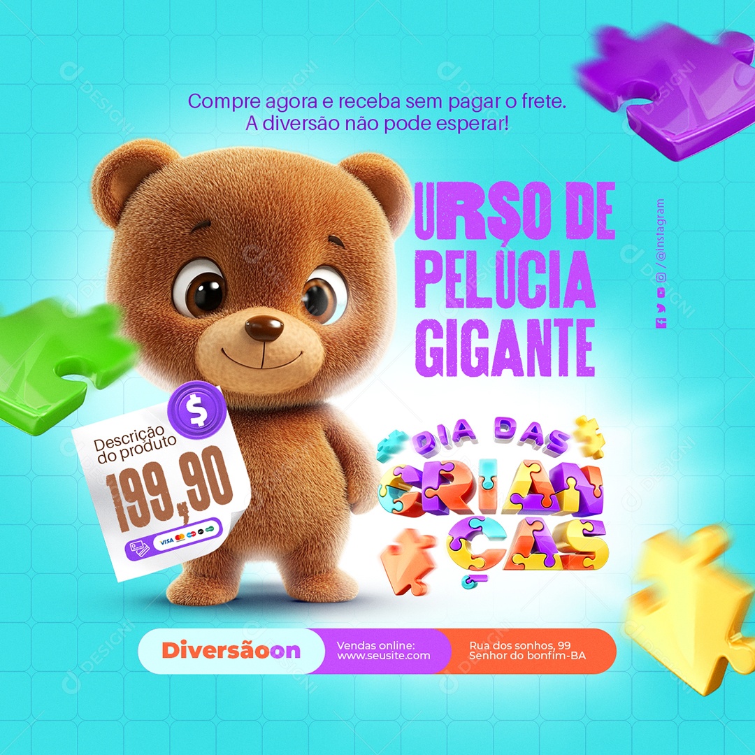 Dia das Crianças Lojas Urso de Pelúcia Gigante Social Media PSD Editável