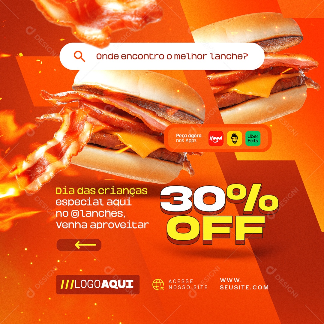 Lanchonete Dia das Crianças 30% Off Social Media PSD Editável