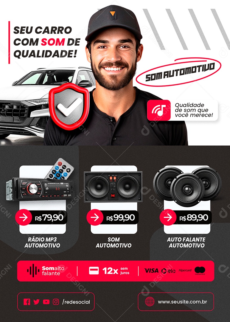 Flyer Som Automotivo Seu Carro com Som de Qualidade Social Media PSD Editável