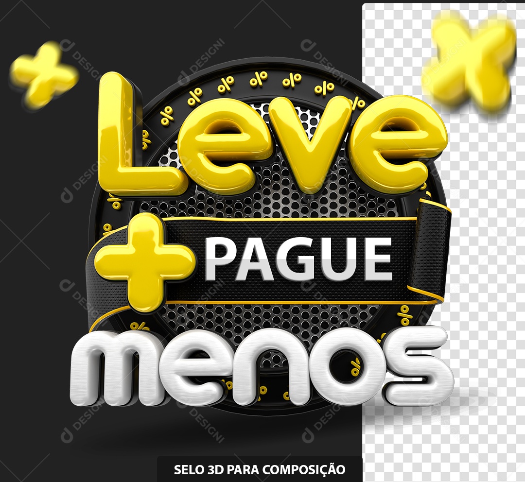 Selo 3D Leve Mais Pague Menos Preto e Amarelo para Composição PSD