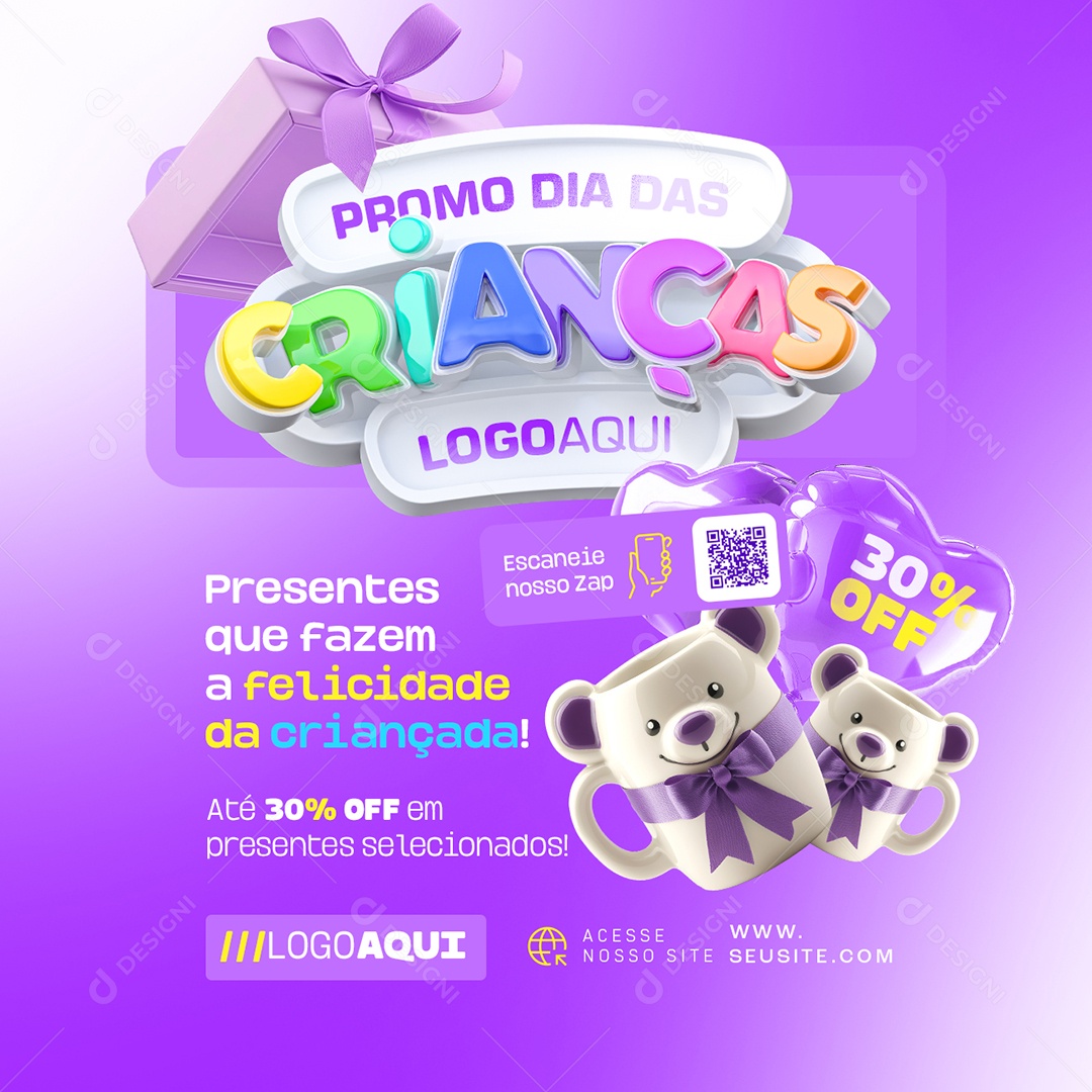 Promo Dia das Crianças Até 30% Off em Presentes Selecionadados Social Media PSD Editável