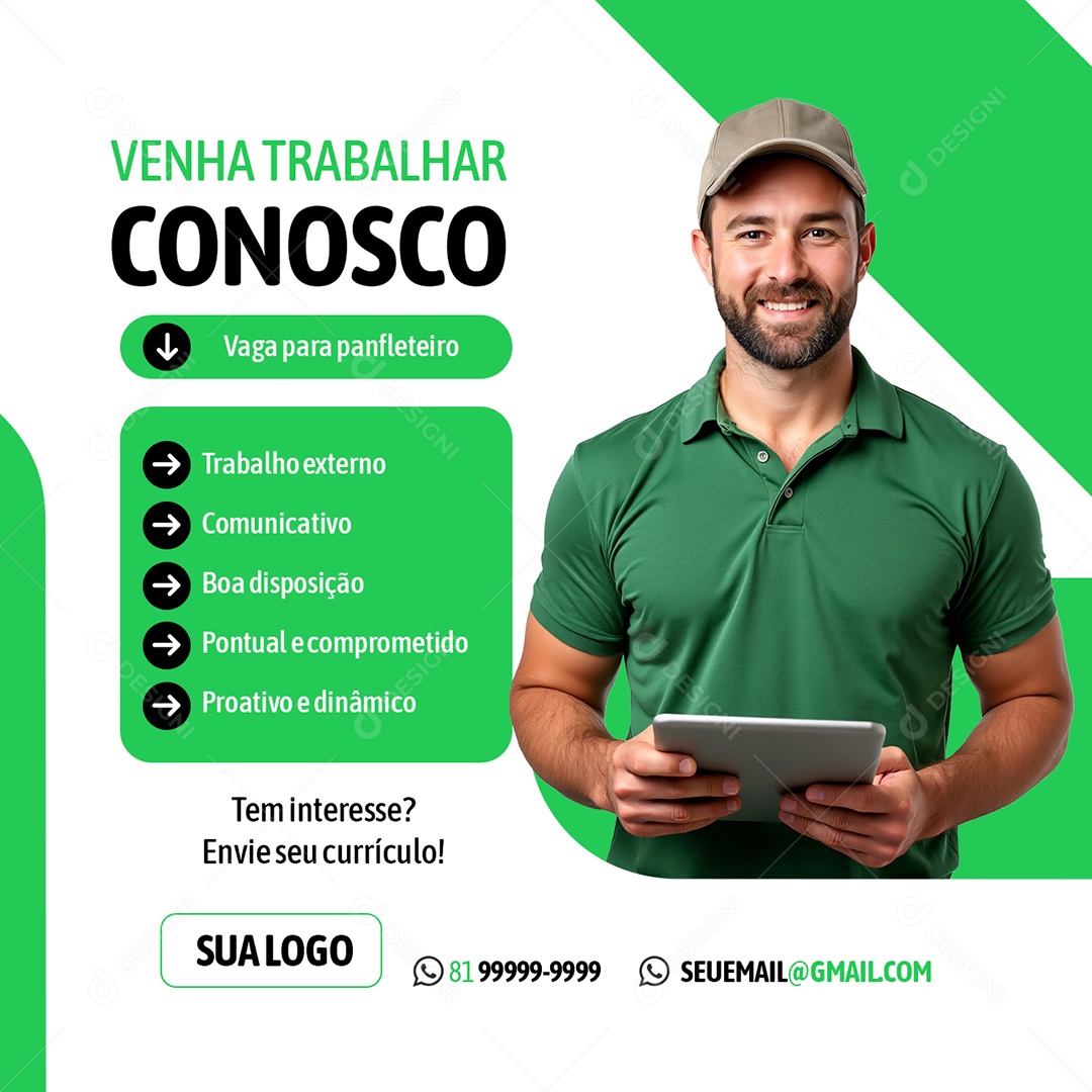 Vagas de Emprego Panfleteiro Venha Trabalhar Conosco Social Media PSD Editável