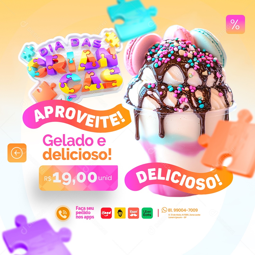 Dia das Crianças Gelado e Delicioso Social Media PSD Editável