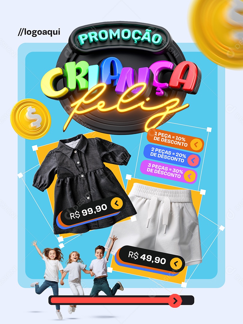 Promoção Criança Feliz Loja de Roupas Infantil Encarte Social Media PSD Editável