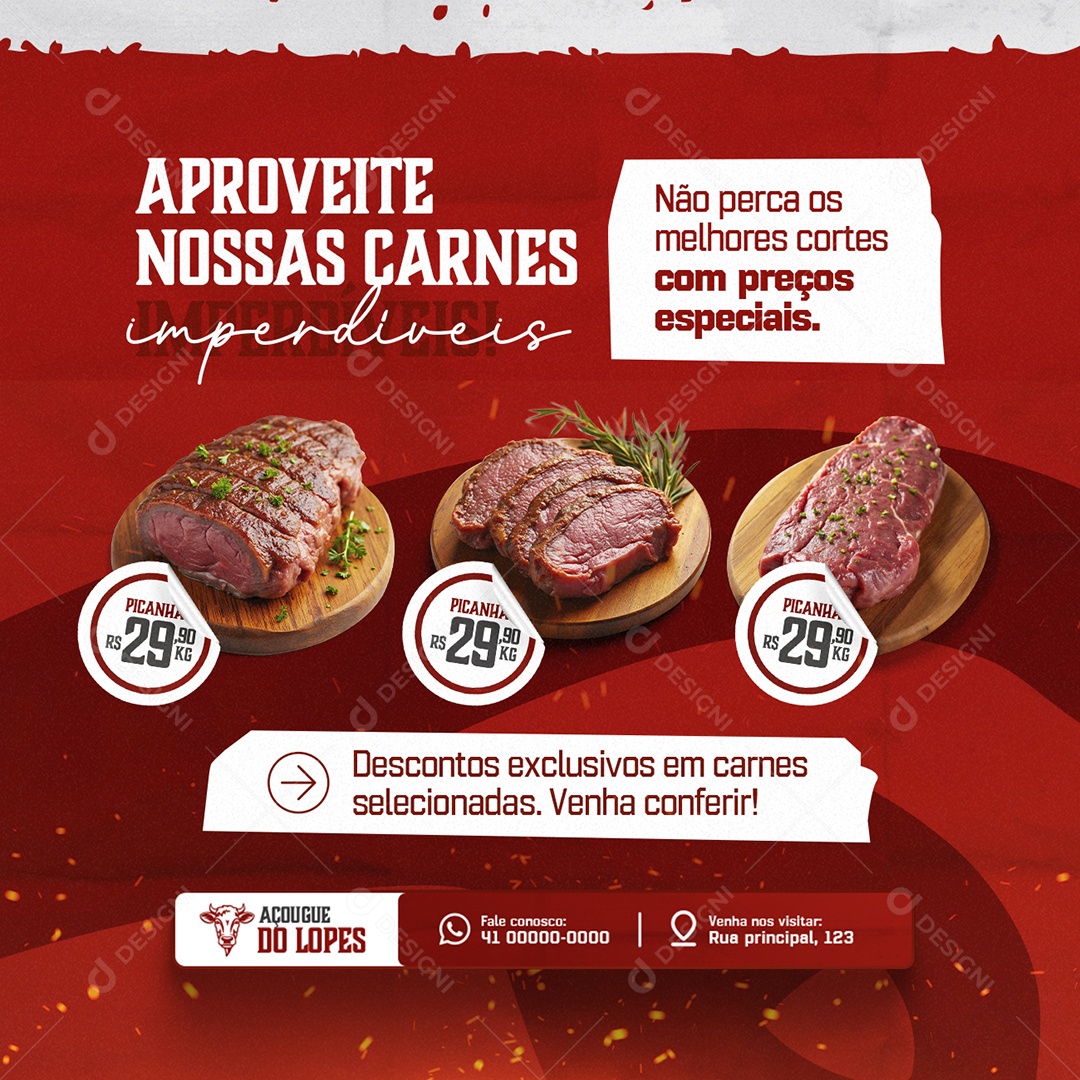 Açougue Aproveite Nossas Carnes Imperdíveis Social Media PSD Editável