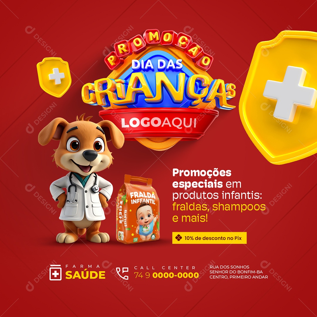 Promoção Dia das Crianças Farmácia Promoções Especiais Social Media PSD Editável