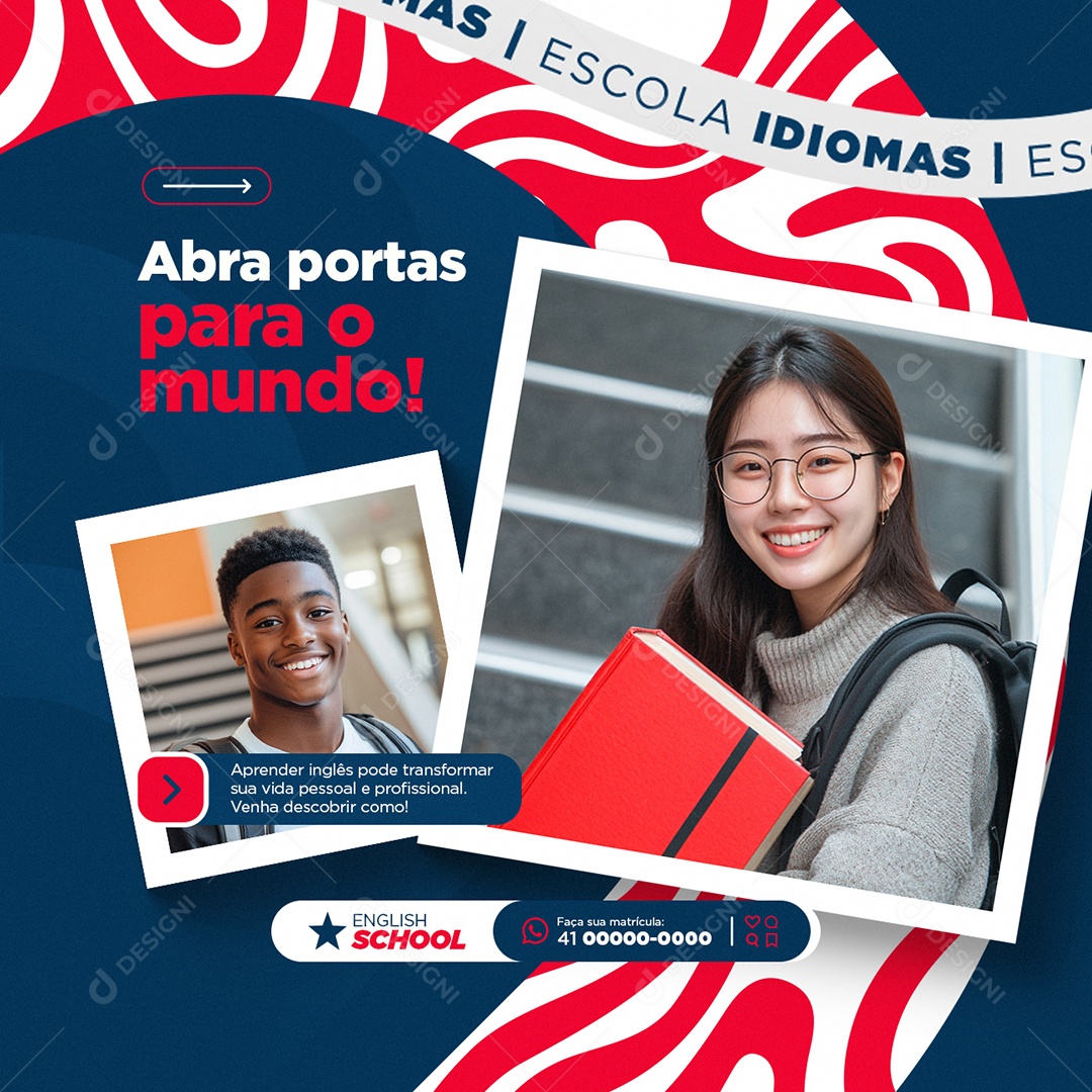 Escola de Idiomas Abra Portas para O Mundo Social Media PSD Editável