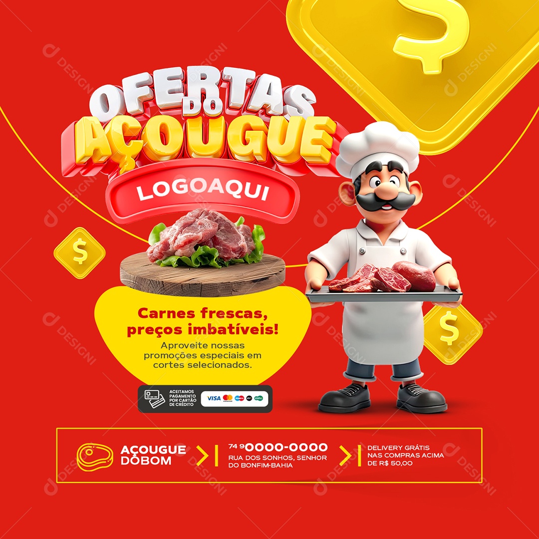 Ofertas do Açougue Carnes Frescas Preços Imbatíveis Social Media PSD Editável