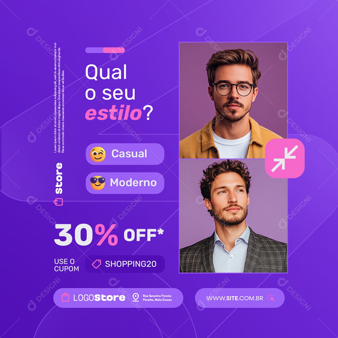 Loja de Roupas Qual o Seu Estilo Casual Moderno Social Media PSD Editável