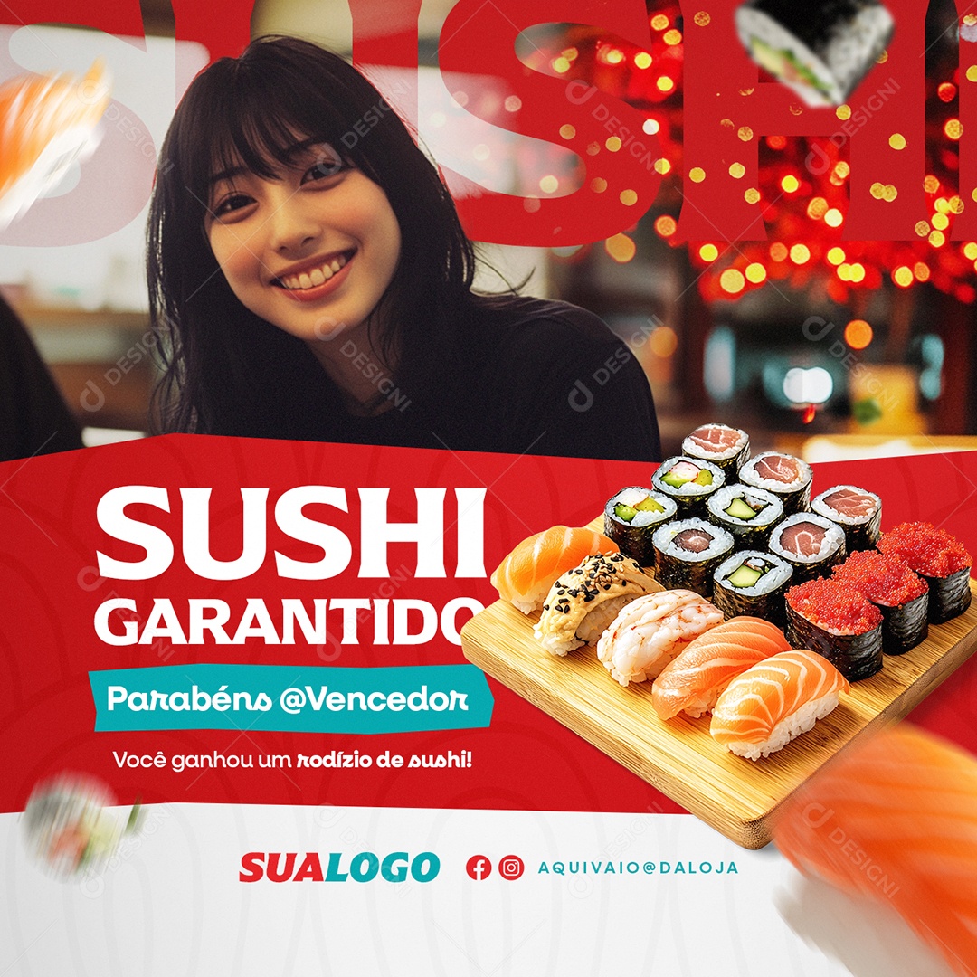 Ganhadores Parabéns Você Ganhou um Rodízio de Sushi Social Media PSD Editável