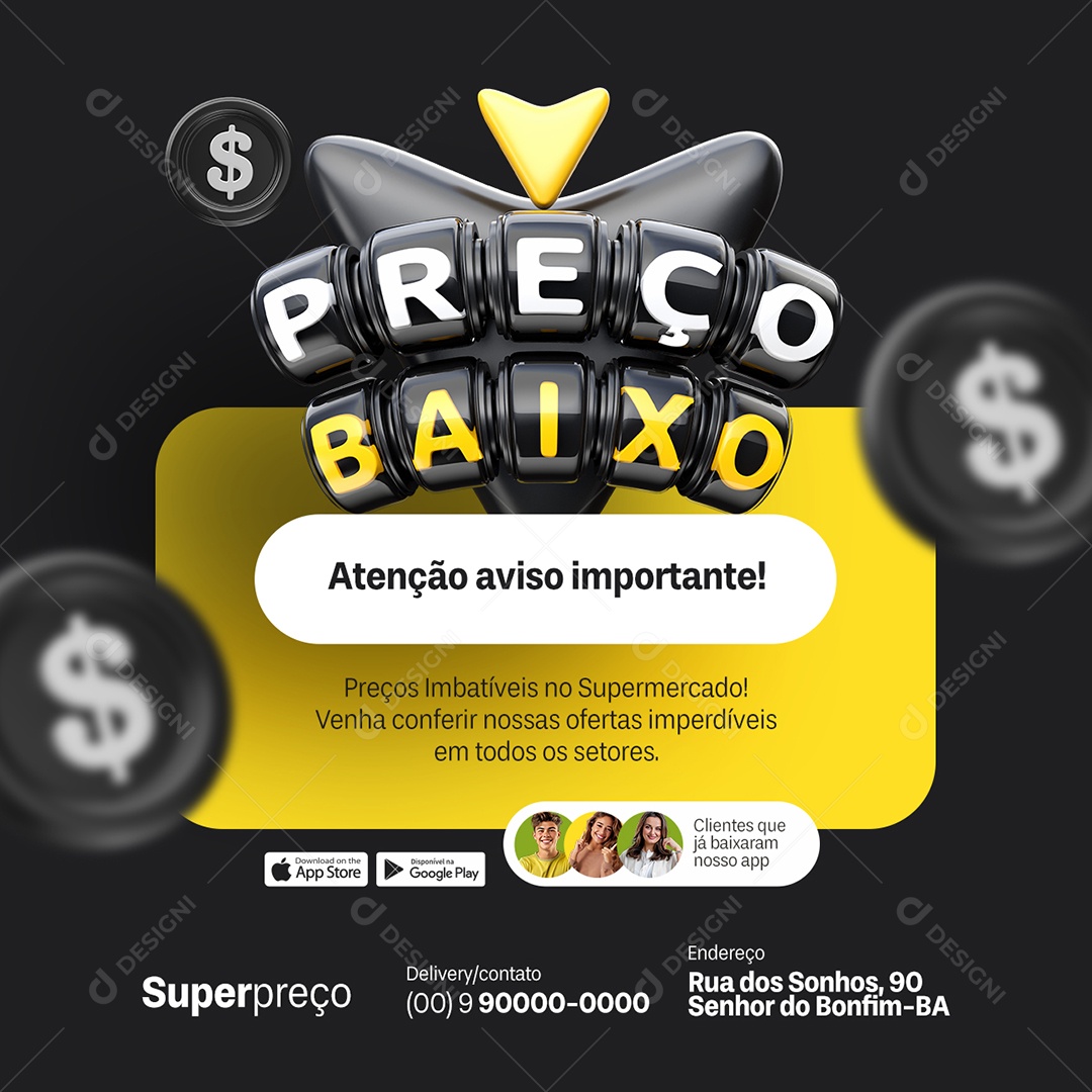 Preço Baixo Supermercado Preços Imbatíveis Social Media PSD Editável