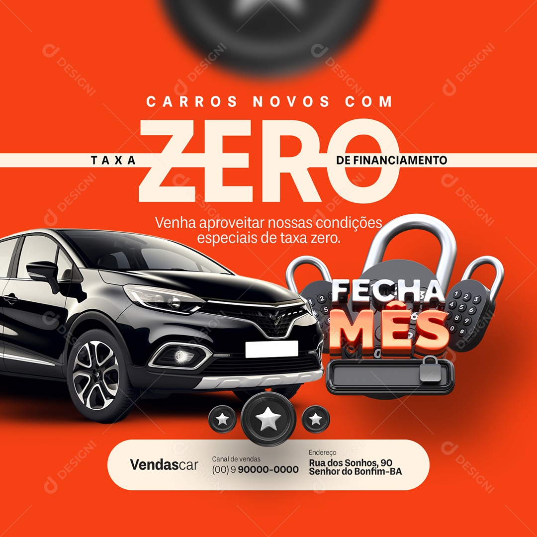 Fecha Mês Concessionária Carros Novos com Taxa Zero Social Media PSD Editável