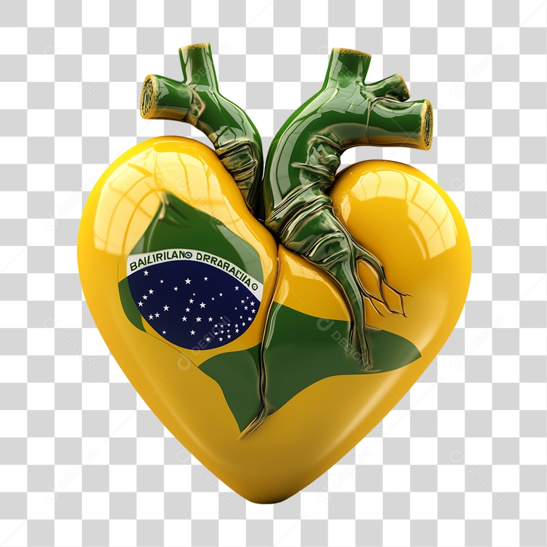 Elemento 3D Coração com Bandeira do Brasil PNG Transparente