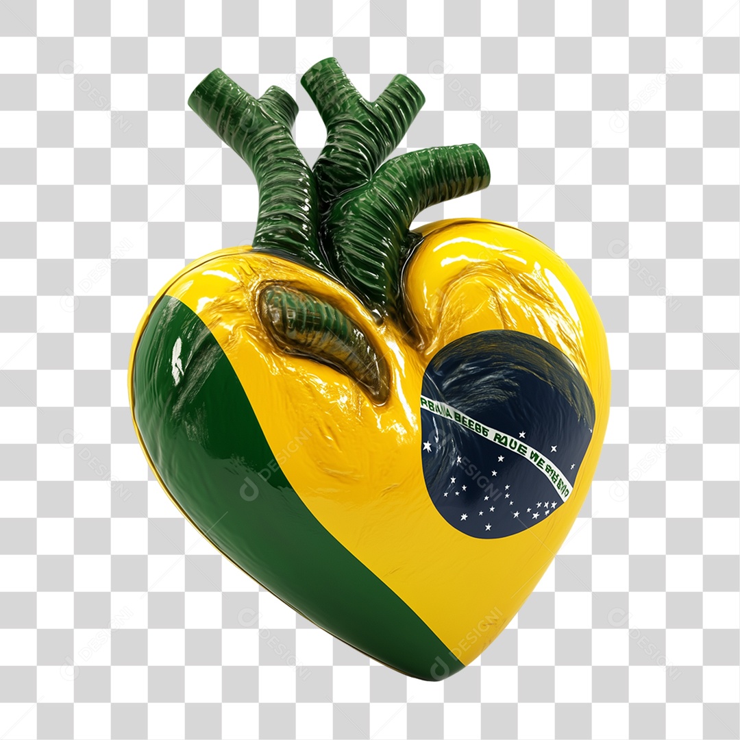 Elemento 3D Coração com Bandeira do Brasil PNG Transparente