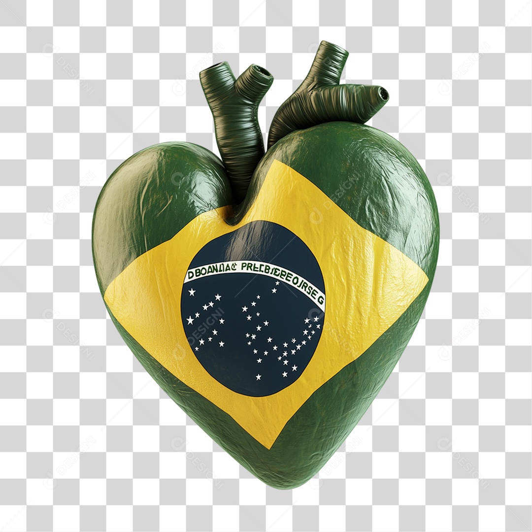 Elemento 3D Coração com Bandeira do Brasil PNG Transparente