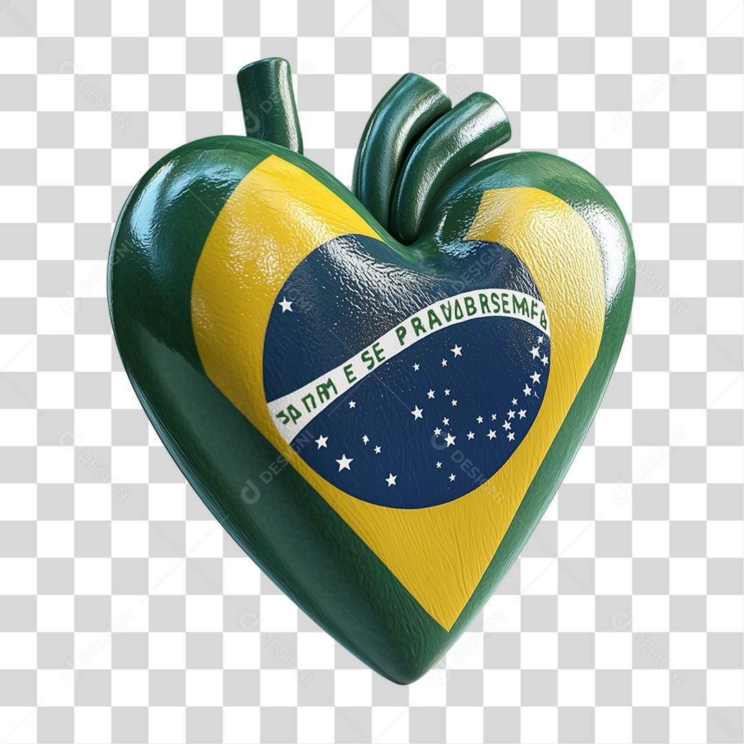 Elemento 3D Coração com Bandeira do Brasil PNG Transparente