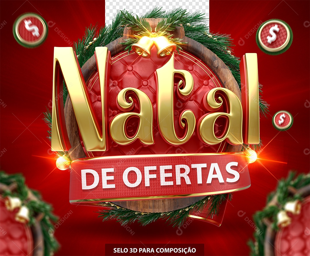 Natal de Ofertas Selo 3D Dourado e Vermelho para Composição PSD