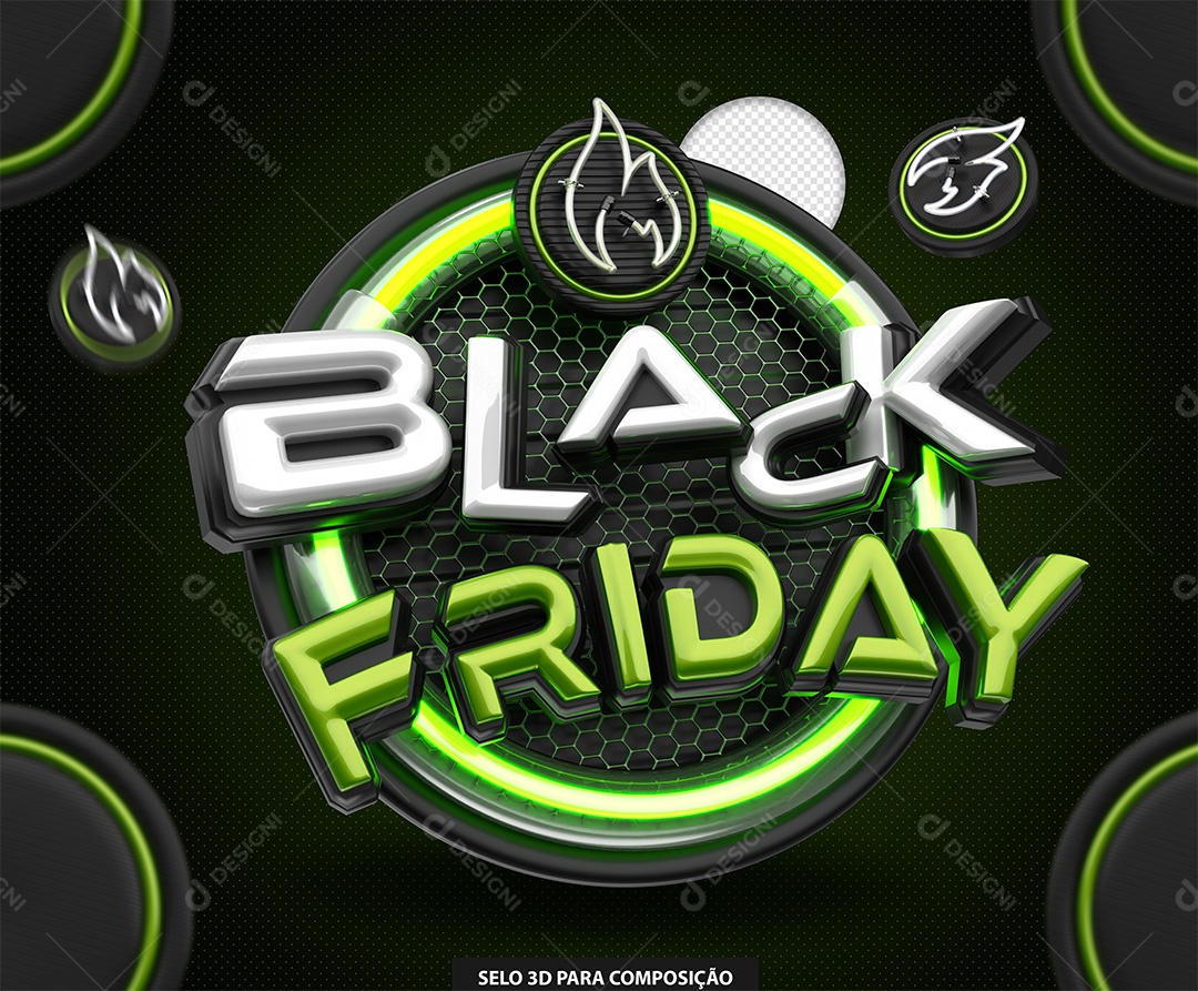 Black Friday Selo 3D Branco e Verde para Composição PSD